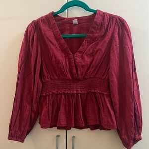 Old Navy Top Blouse Petite Sz XS Puff-Sleeve Wrap-Effect Maroon Color